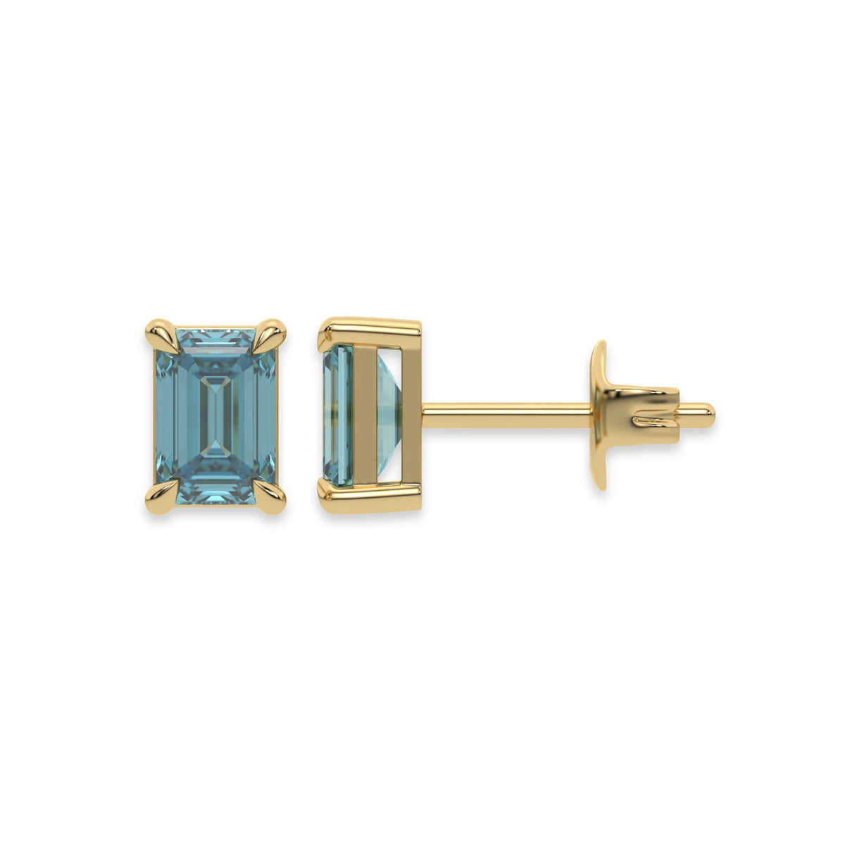 18k yellow gold Emerald Diamond Earrings made with an fancy blue emerald-cut diamond set in a four prong setting