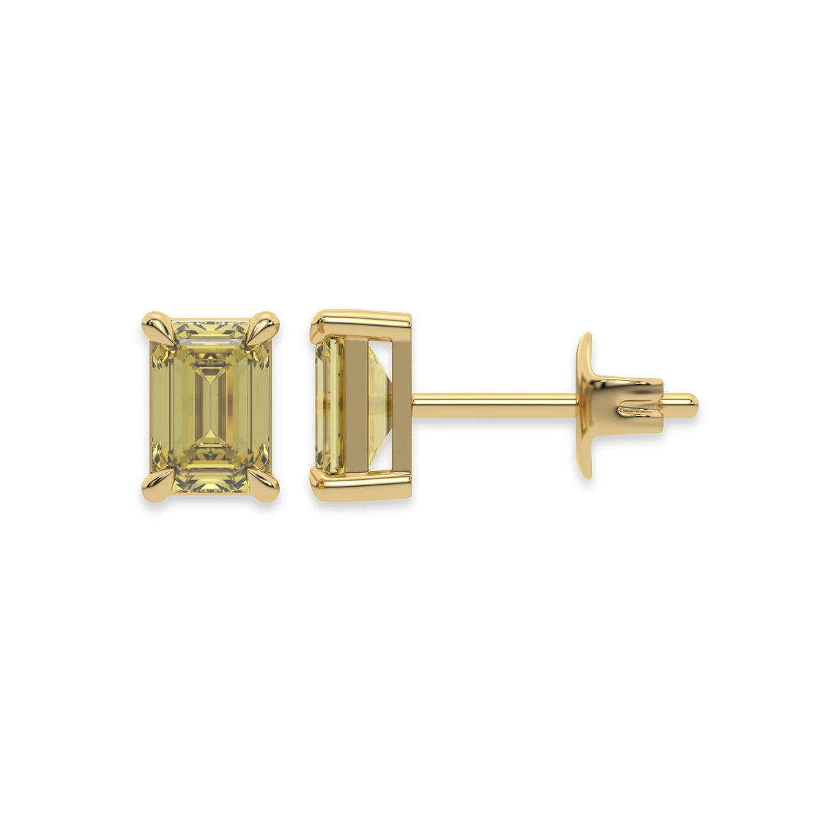 18k yellow gold Emerald Diamond Earrings made with an fancy yellow emerald-cut diamond set in a four prong setting