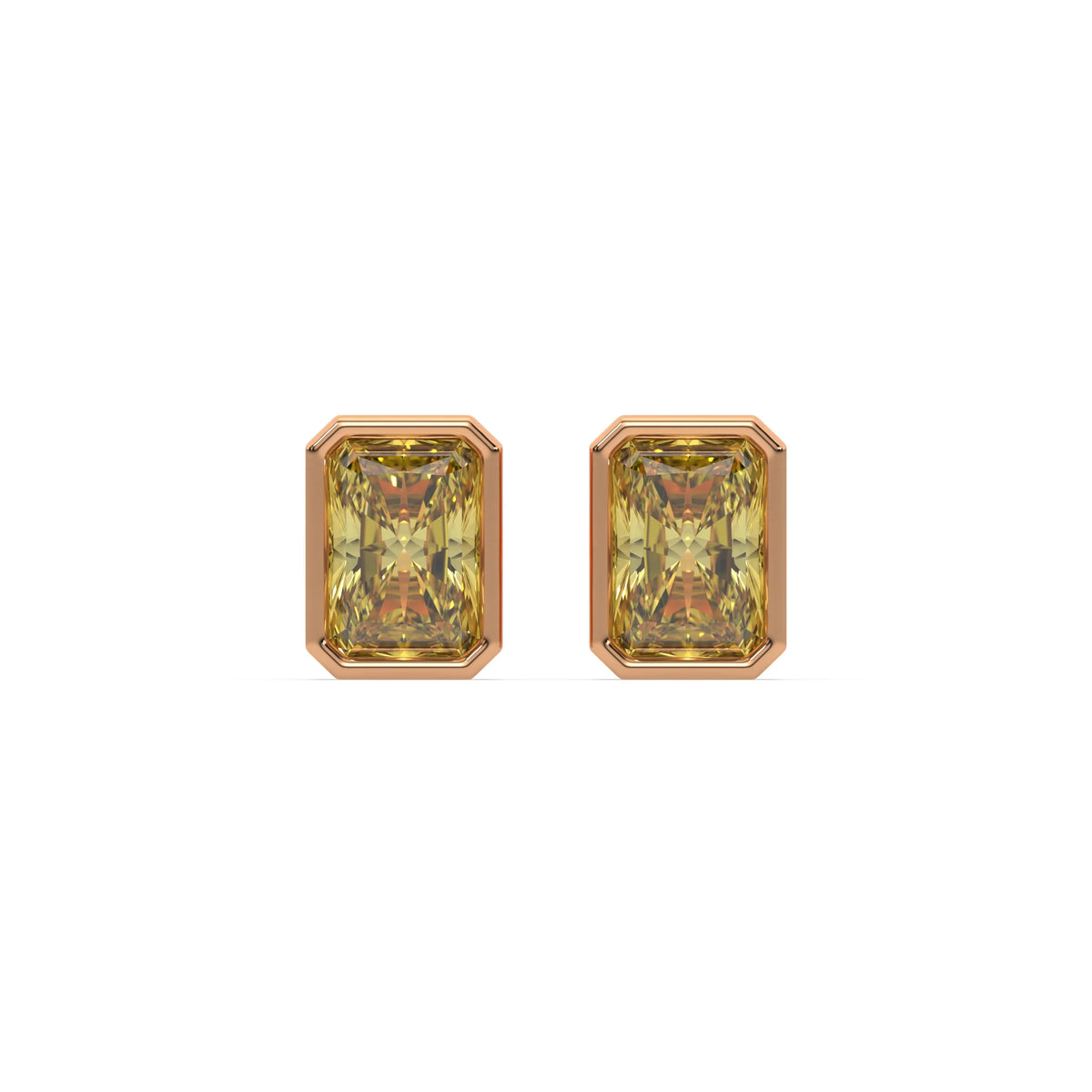 14k rose gold fancy yellow radiant cut diamond solitaire earrings in bezel