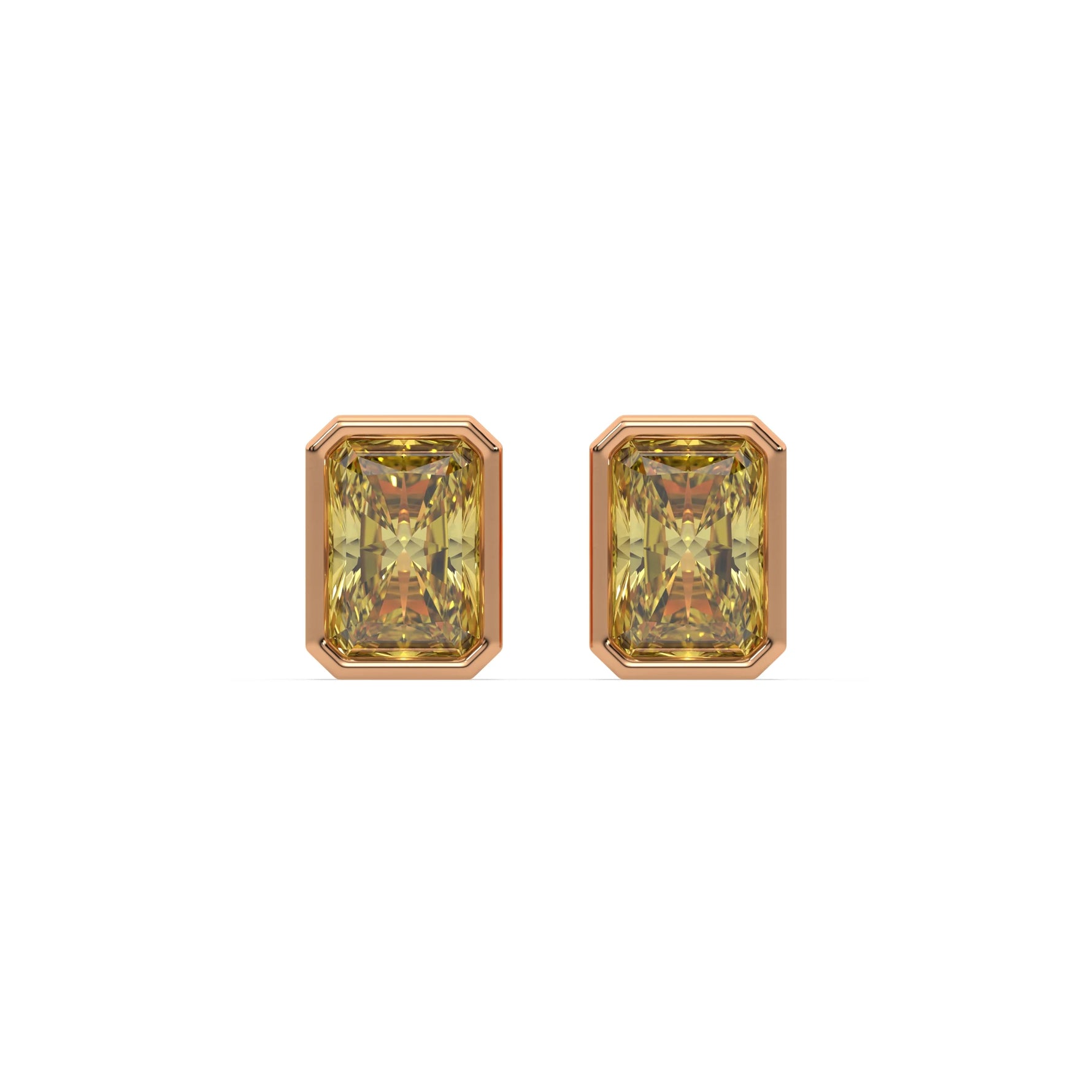14k rose gold fancy yellow radiant cut diamond solitaire earrings in bezel
