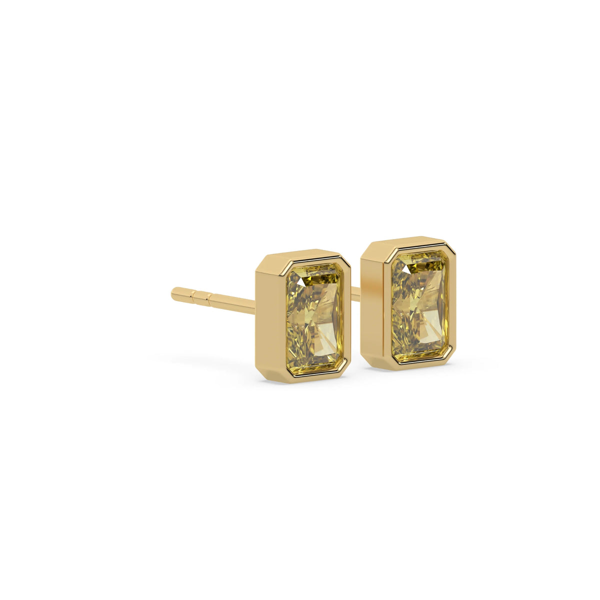 18k yellow gold fancy yellow radiant cut diamond solitaire earrings in bezel