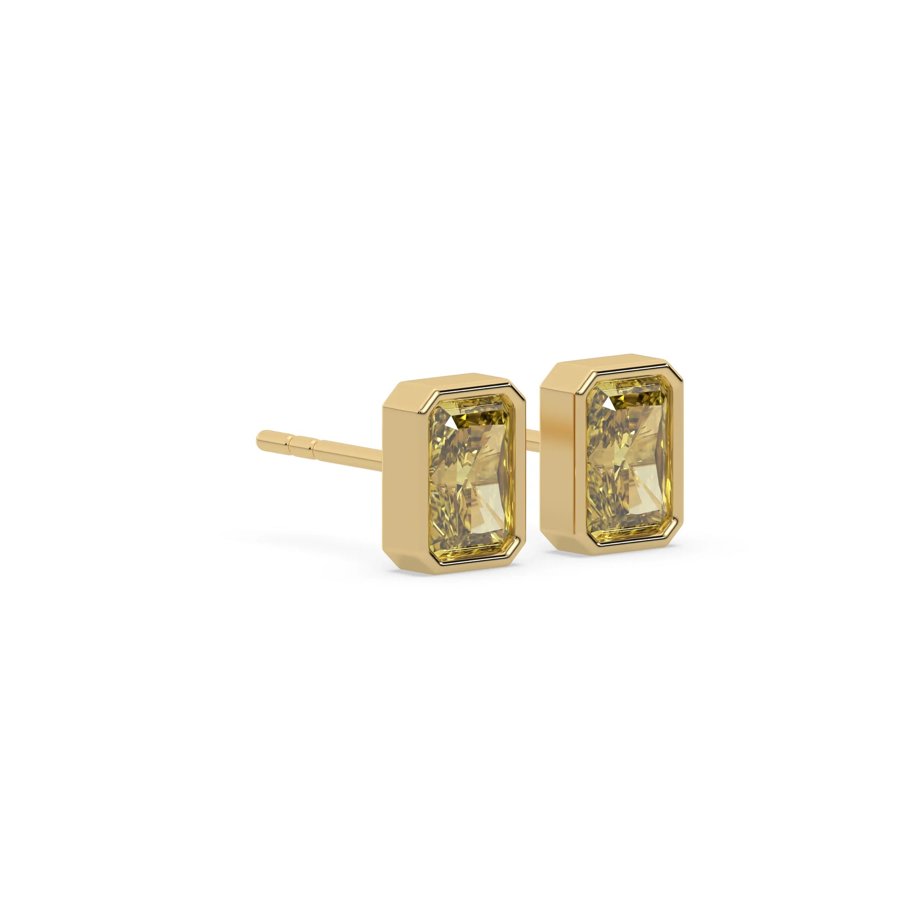 18k yellow gold fancy yellow radiant cut diamond solitaire earrings in bezel