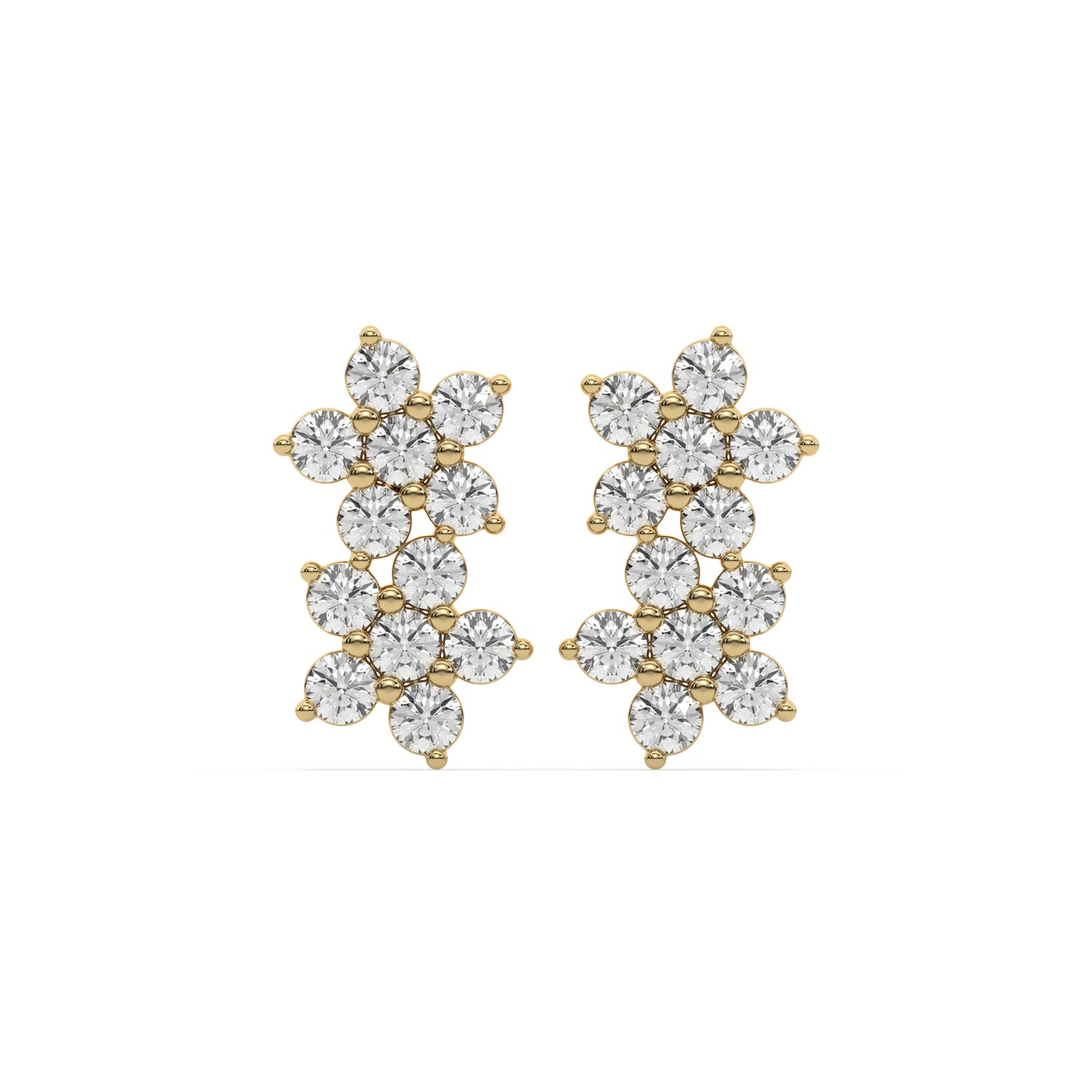 18k yellow gold lab grown round cut diamond double flower stud earrings