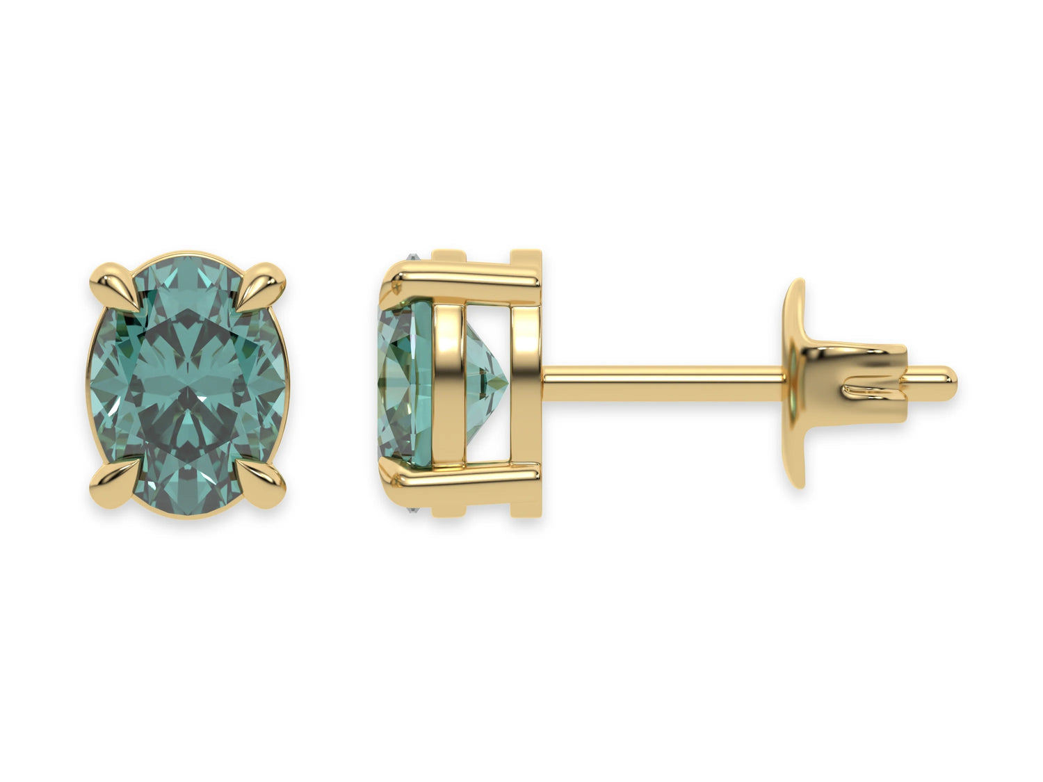 14k yellow gold Oval Diamond Earrings made with a fancy green oval cut diamond set in a four prong setting