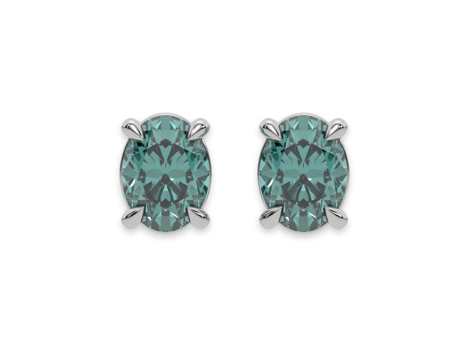 14k White gold Oval Diamond Earrings made with a fancy green oval cut diamond set in a four prong setting
