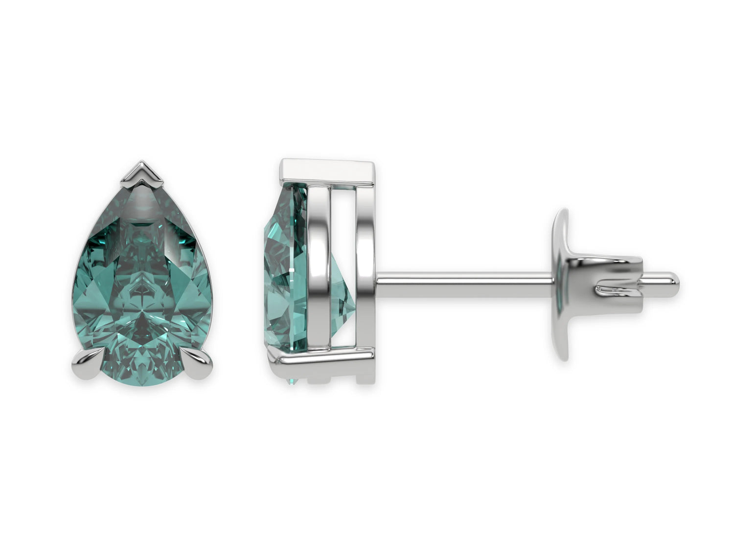 18k white gold Pear shaped diamond stud earrings made with a fancy green pear shaped diamond set in a four prong setting