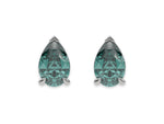18k White gold Pear shaped diamond stud earrings made with a fancy green pear shaped diamond set in a four prong setting