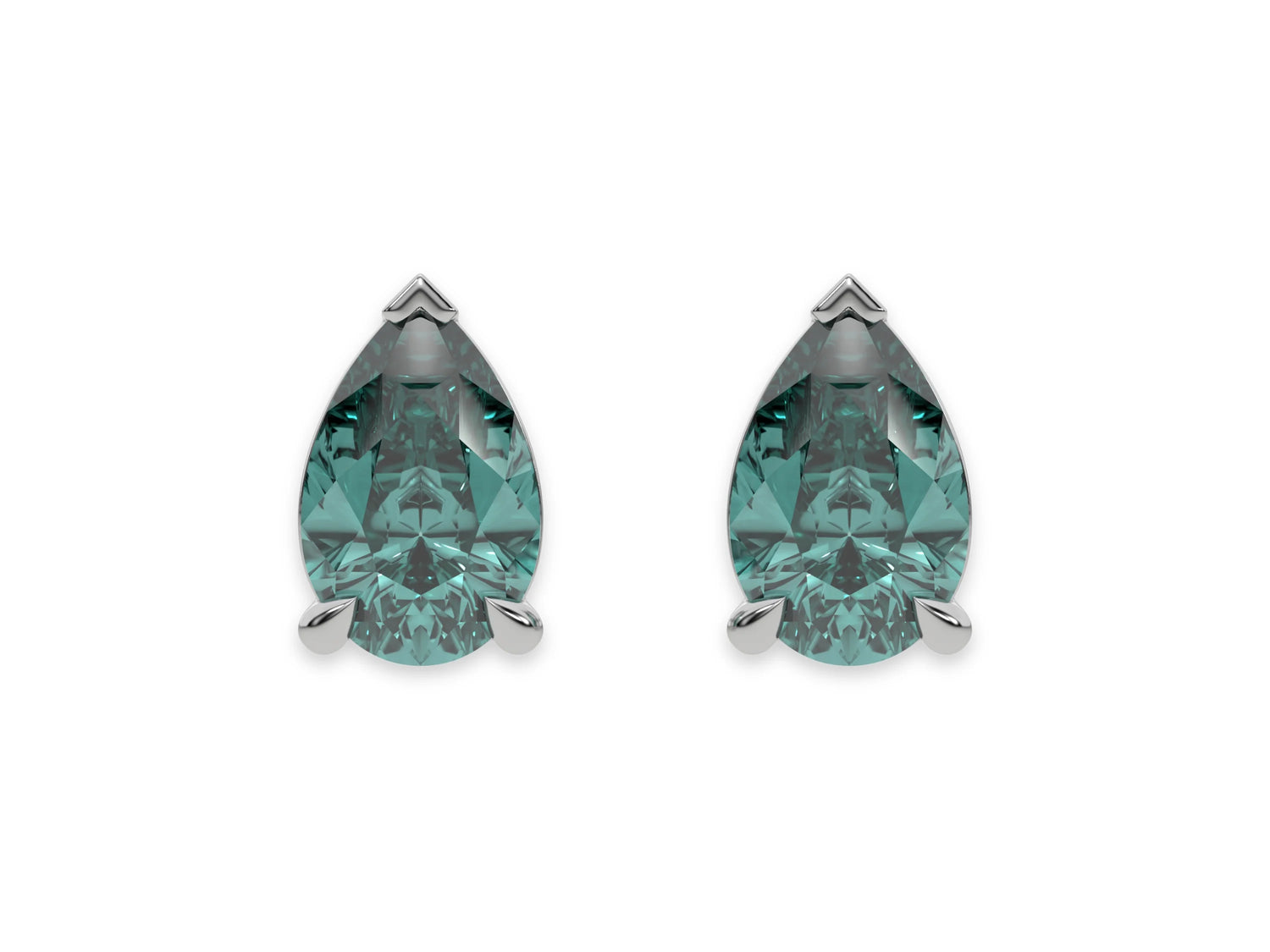 18k White gold Pear shaped diamond stud earrings made with a fancy green pear shaped diamond set in a four prong setting