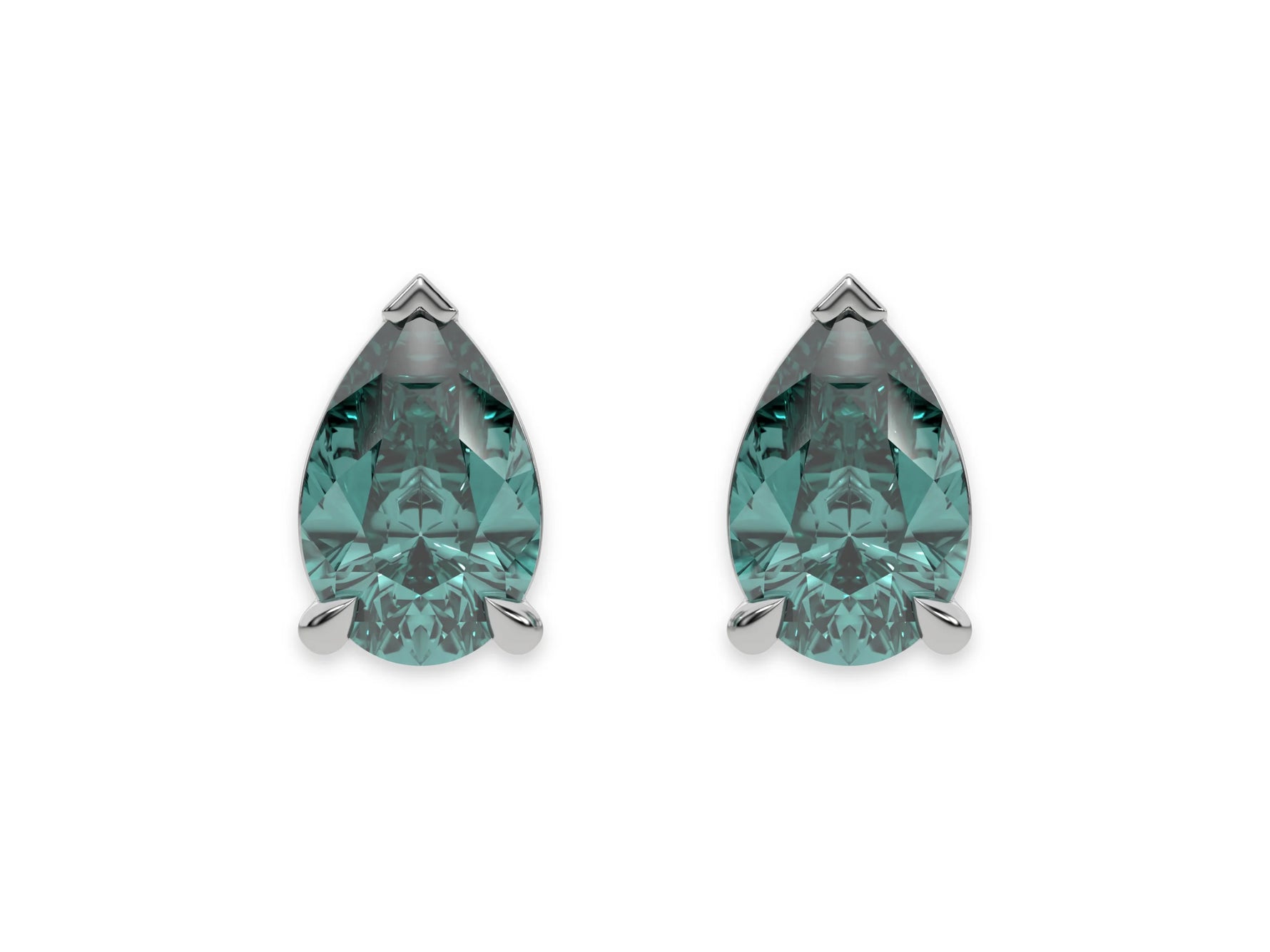 18k White gold Pear shaped diamond stud earrings made with a fancy green pear shaped diamond set in a four prong setting