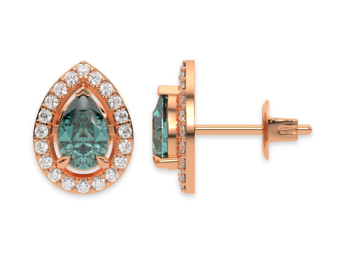 14k rose gold Pear Diamond Halo Earrings made with a fancy green pear cut solitaire diamond set in a four prong setting.
