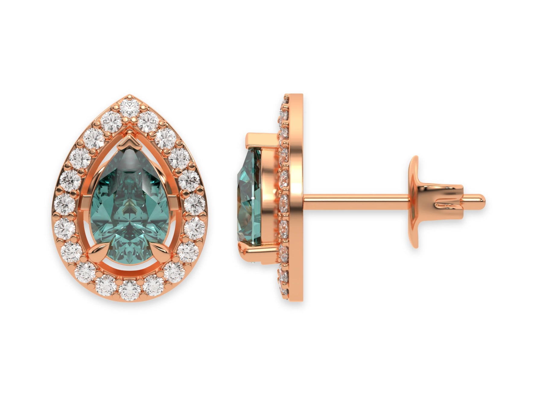 14k rose gold Pear Diamond Halo Earrings made with a fancy green pear cut solitaire diamond set in a four prong setting.