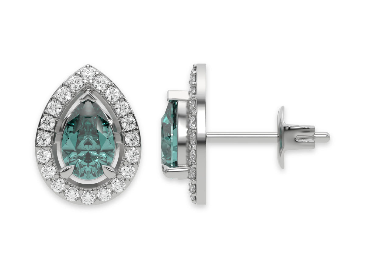 18k white gold Pear Diamond Halo Earrings made with a fancy green pear cut solitaire diamond set in a four prong setting.