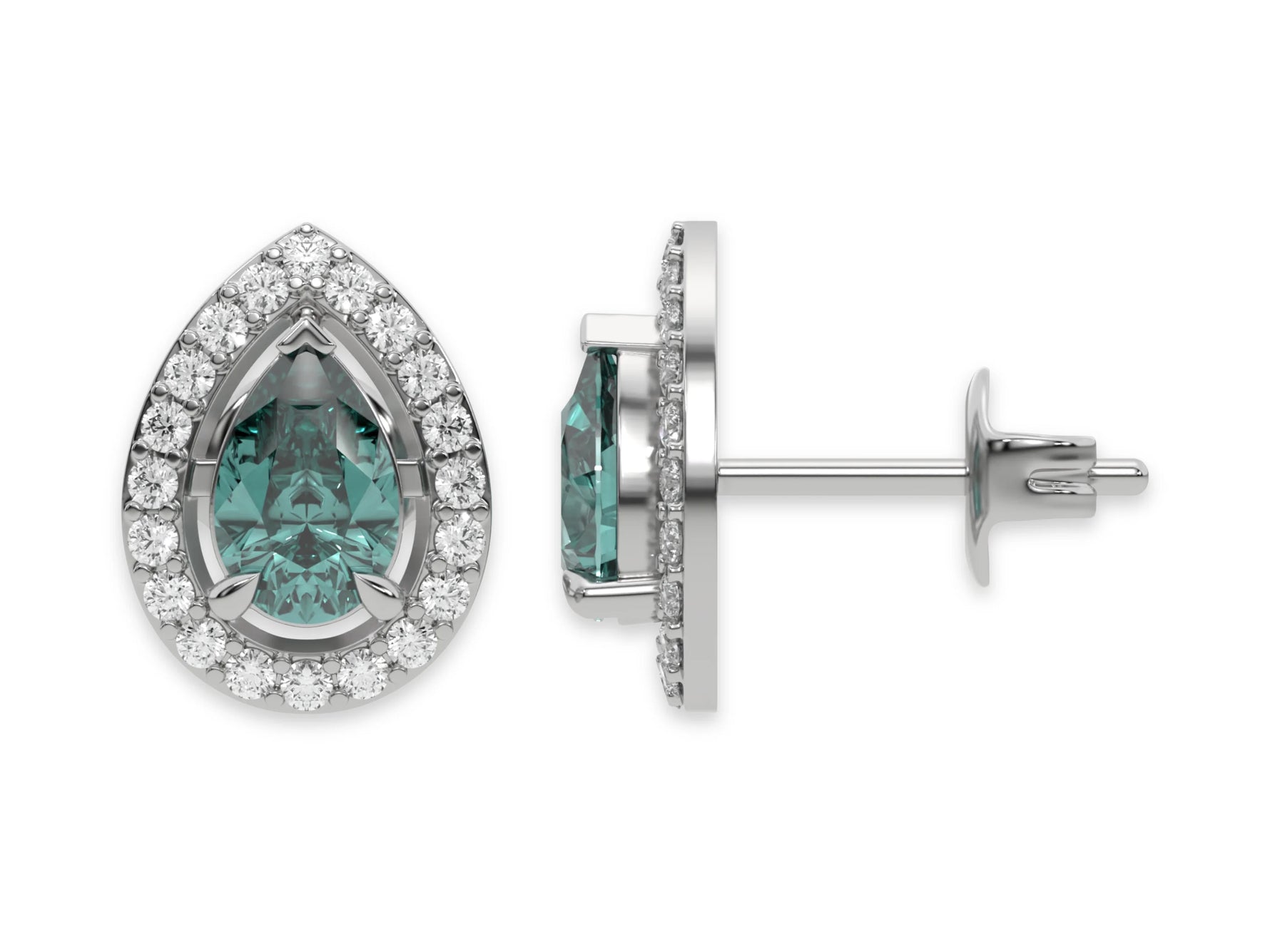 18k white gold Pear Diamond Halo Earrings made with a fancy green pear cut solitaire diamond set in a four prong setting.