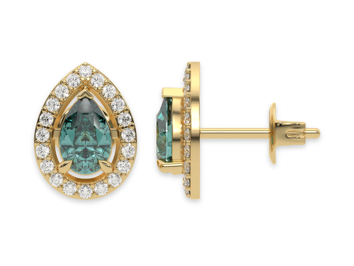 14k yellow gold Pear Diamond Halo Earrings made with a fancy green pear cut solitaire diamond set in a four prong setting.