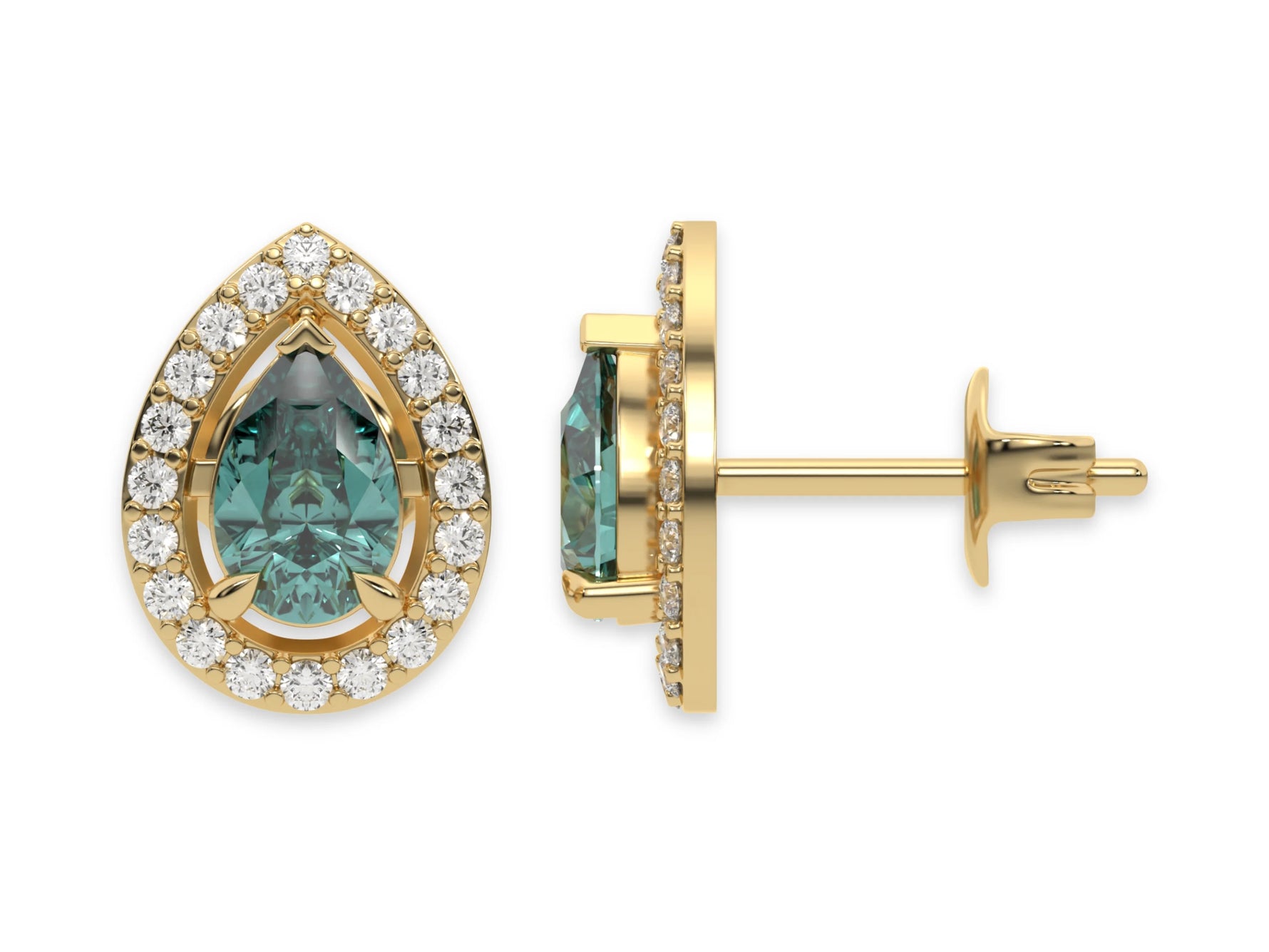 14k yellow gold Pear Diamond Halo Earrings made with a fancy green pear cut solitaire diamond set in a four prong setting.