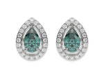 18k white gold Pear Diamond Halo Earrings made with a fancy green pear cut solitaire diamond set in a four prong setting.