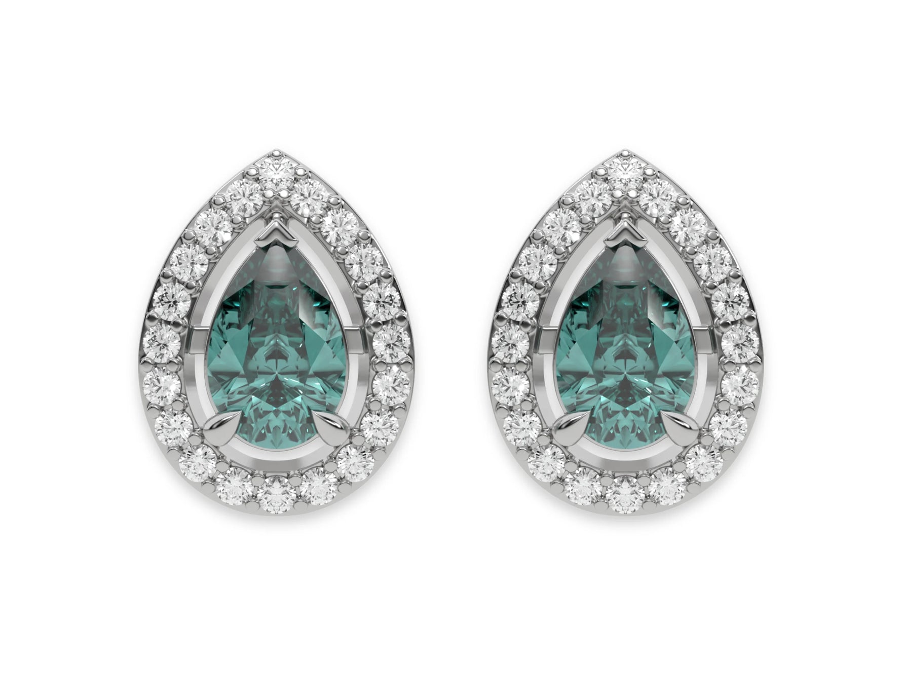 18k white gold Pear Diamond Halo Earrings made with a fancy green pear cut solitaire diamond set in a four prong setting.