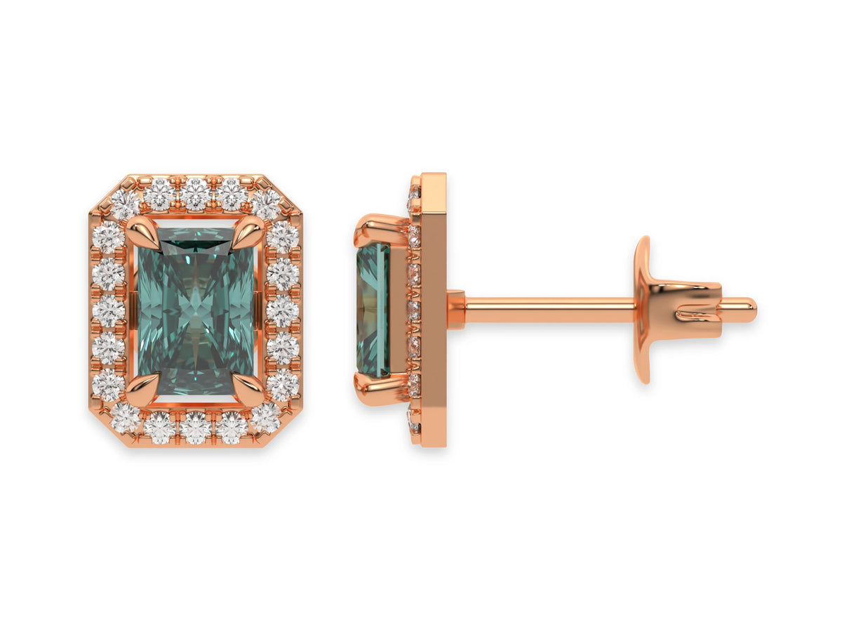 18k Rose gold Radiant Diamond Halo Earrings made with a fancy green radiant cut solitaire diamonds set in a four prong setting