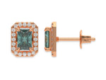 18k Rose gold Radiant Diamond Halo Earrings made with a fancy green radiant cut solitaire diamonds set in a four prong setting