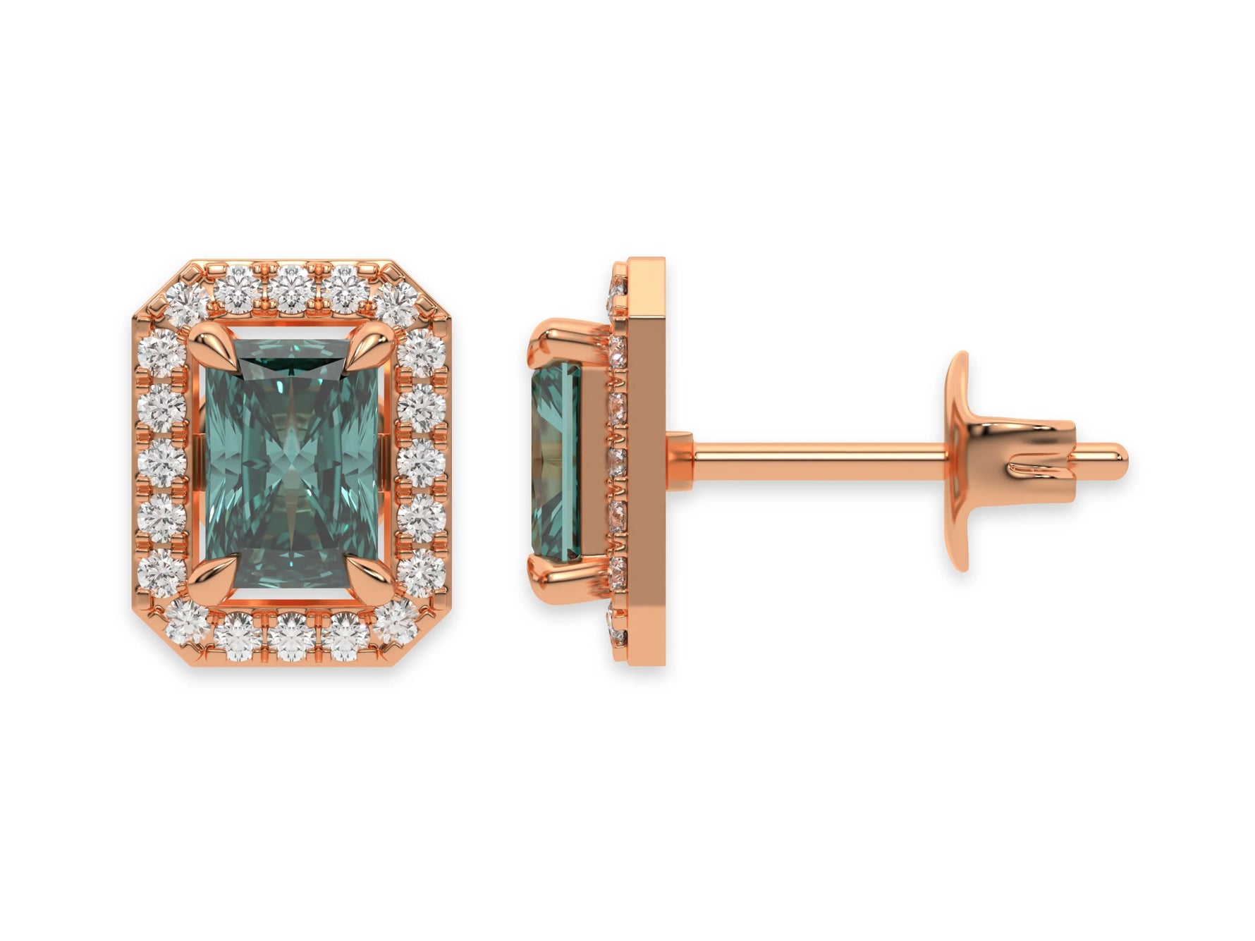 18k Rose gold Radiant Diamond Halo Earrings made with a fancy green radiant cut solitaire diamonds set in a four prong setting