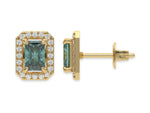 18k yellow gold Radiant Diamond Halo Earrings made with a fancy green radiant cut solitaire diamonds set in a four prong setting