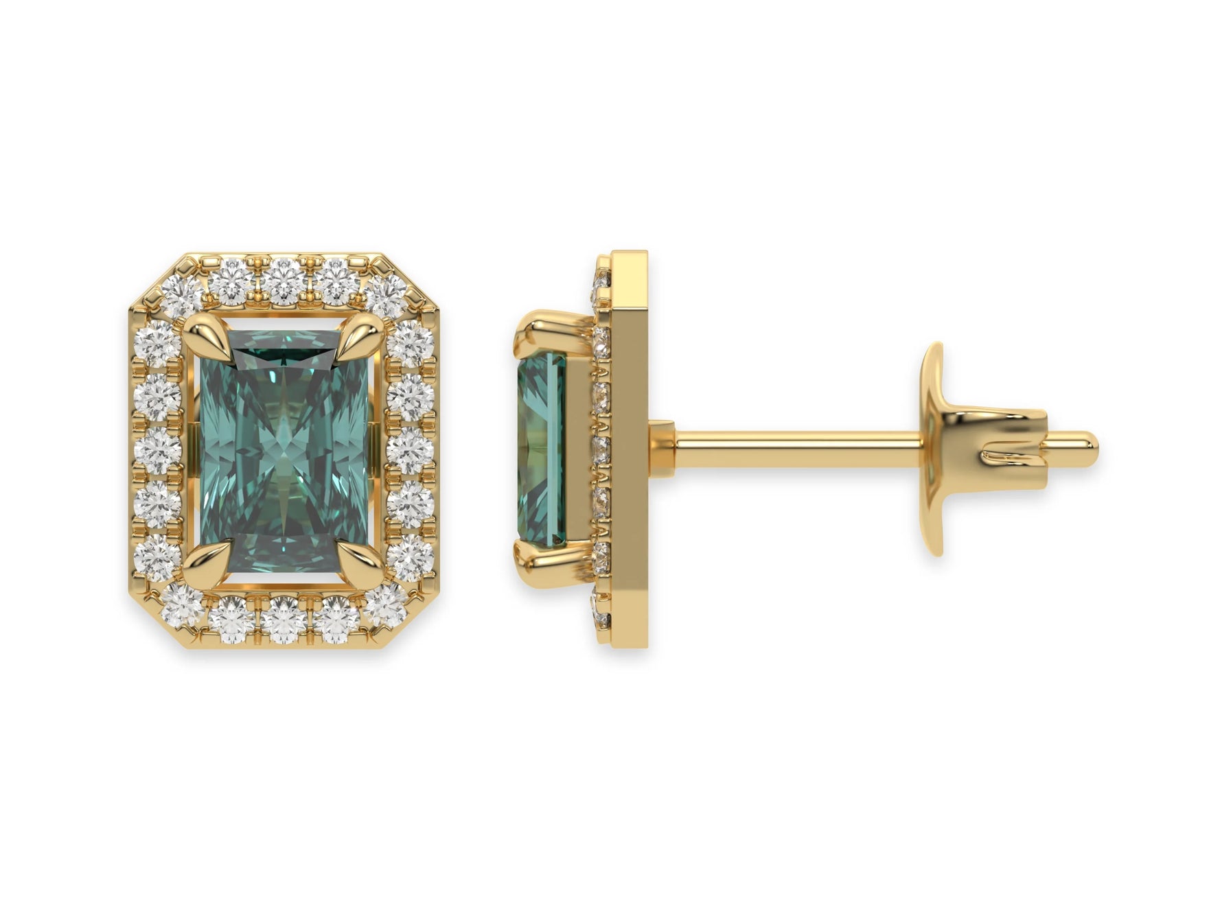 18k yellow gold Radiant Diamond Halo Earrings made with a fancy green radiant cut solitaire diamonds set in a four prong setting