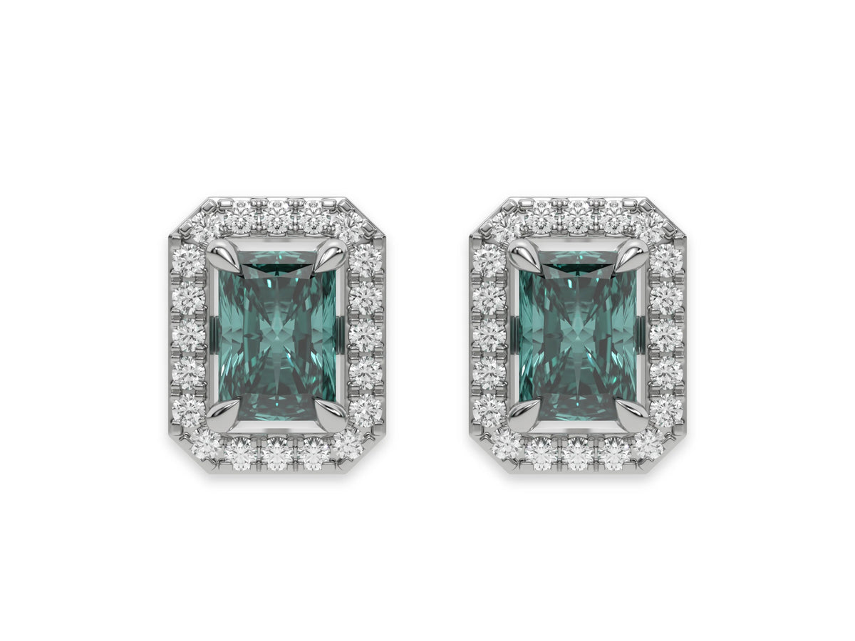 14k yellow gold Radiant Diamond Halo Earrings made with a fancy green radiant cut solitaire diamonds set in a four prong setting
