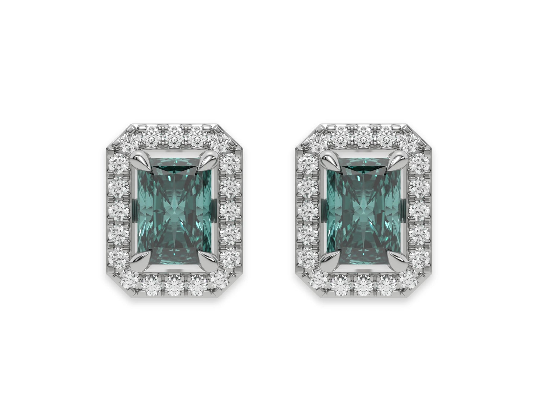14k yellow gold Radiant Diamond Halo Earrings made with a fancy green radiant cut solitaire diamonds set in a four prong setting