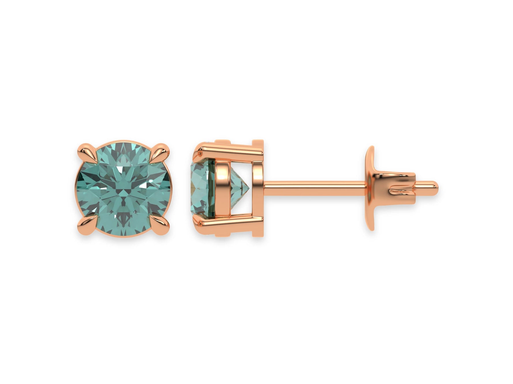 18k rose gold Round Diamond Studs made with fancy green round brilliant-cut diamonds set in a four prong setting