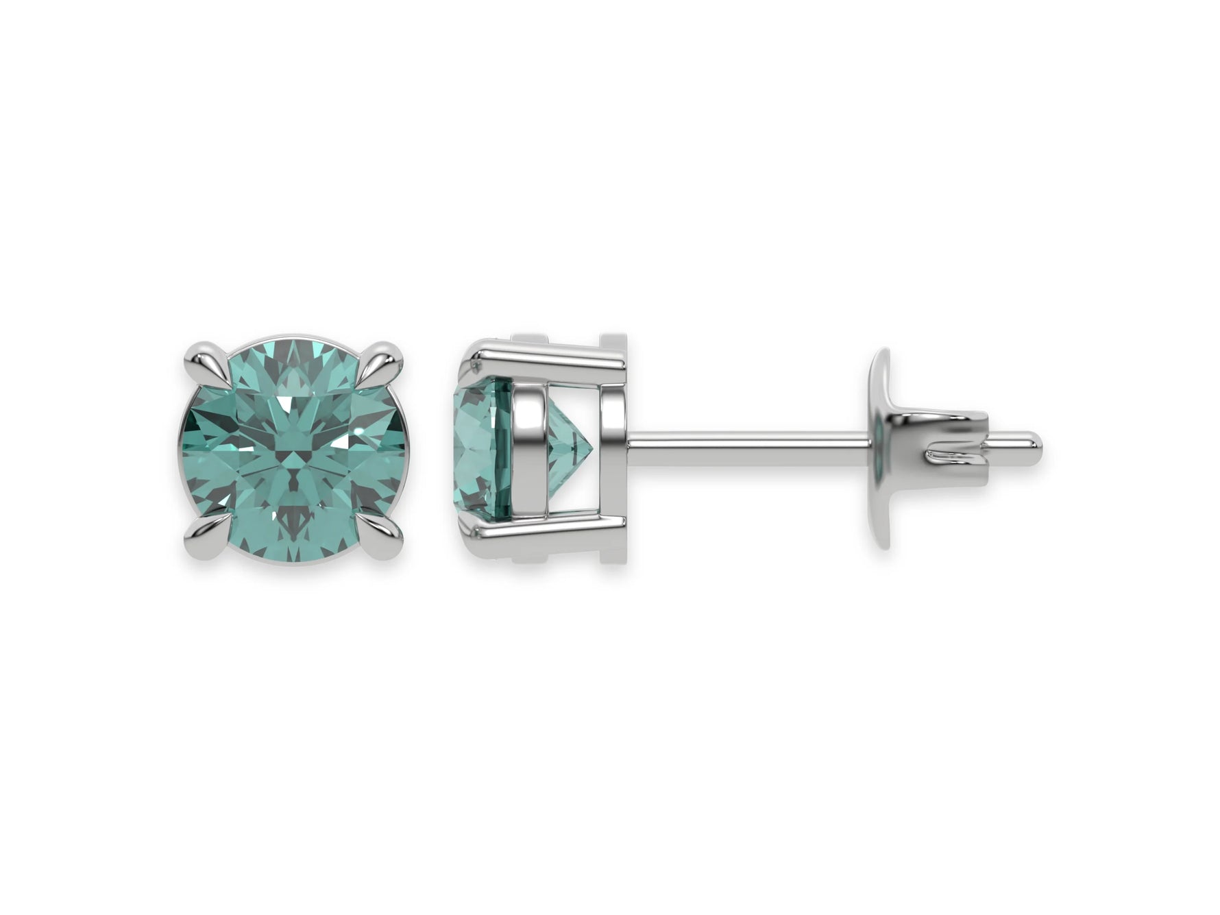 18k white gold Round Diamond Studs made with fancy green round brilliant-cut diamonds set in a four prong setting