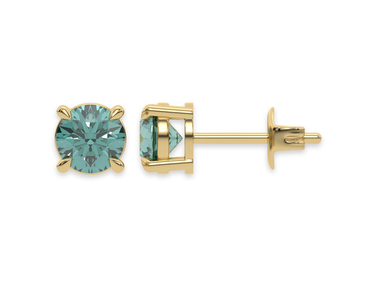 18k yellow gold Round Diamond Studs made with fancy green round brilliant-cut diamonds set in a four prong setting