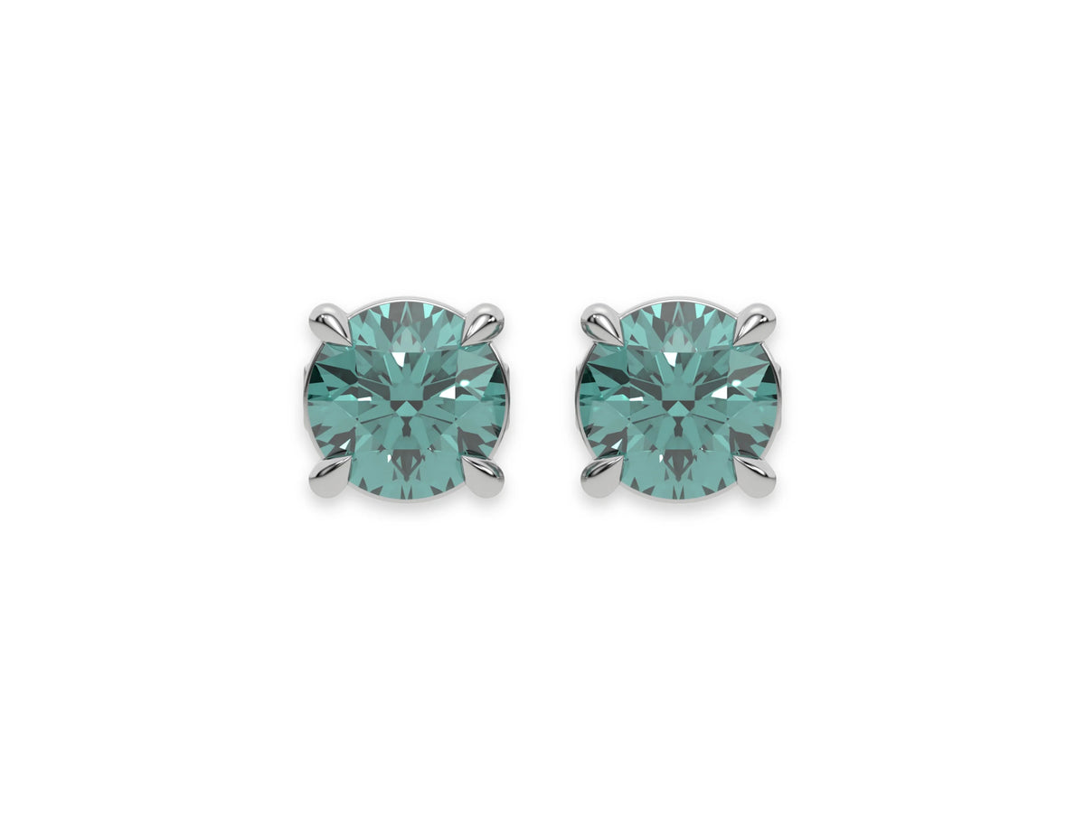 18k White gold Round Diamond Studs made with fancy green round brilliant-cut diamonds set in a four prong setting