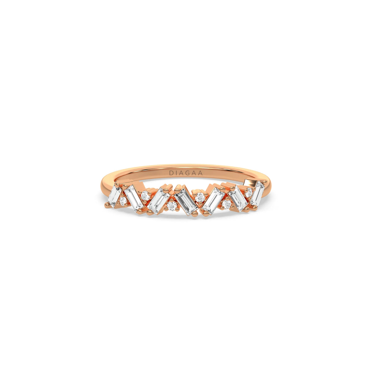 This rose gold ring displayed on front view is made with round brilliant-cut diamonds and baguette set in a prong setting