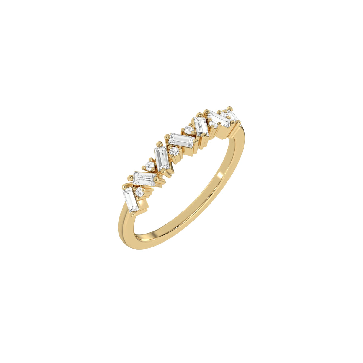 This yellow gold ring displayed on 3d view is made with round brilliant-cut diamonds and baguette set in a prong setting