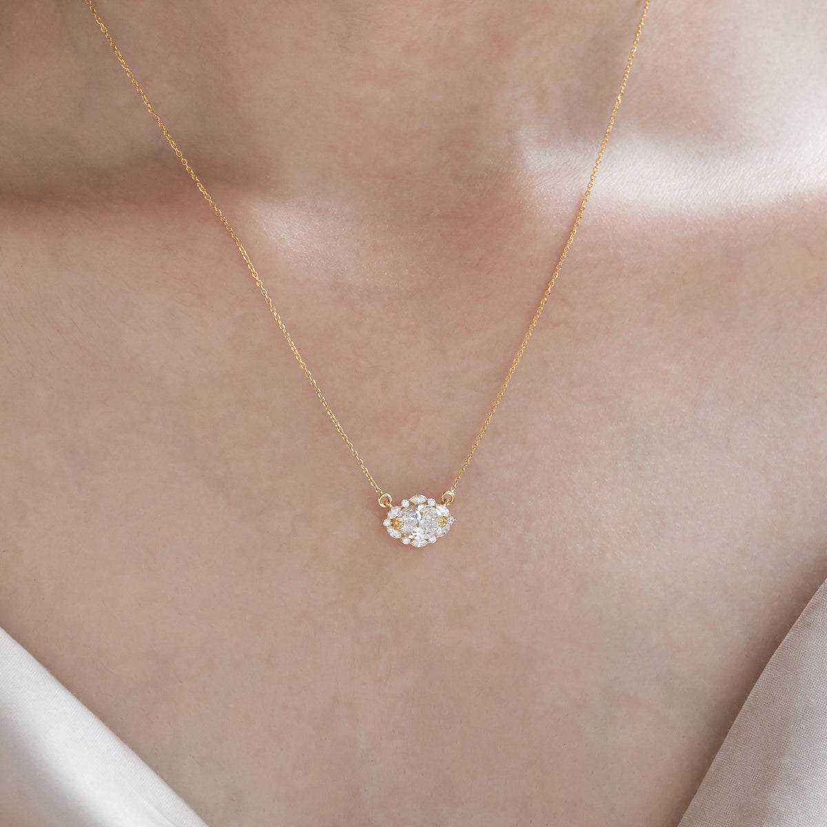 14K Yellow Gold Oval Diamond Cluster Necklace