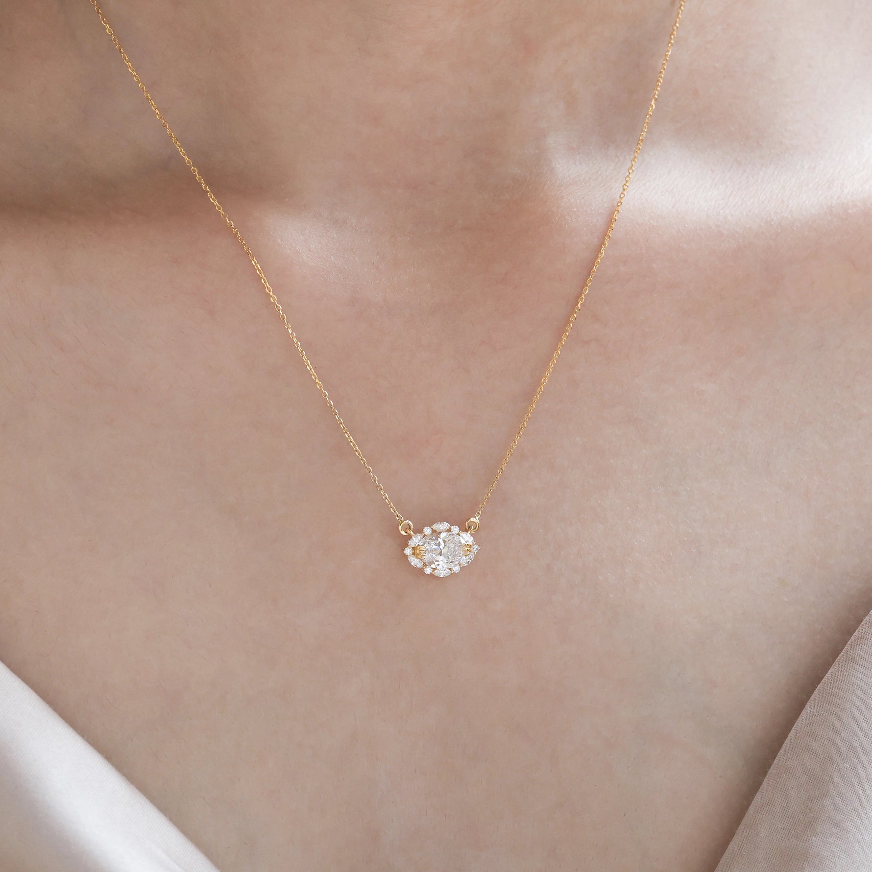 14K Yellow Gold Oval Diamond Cluster Necklace