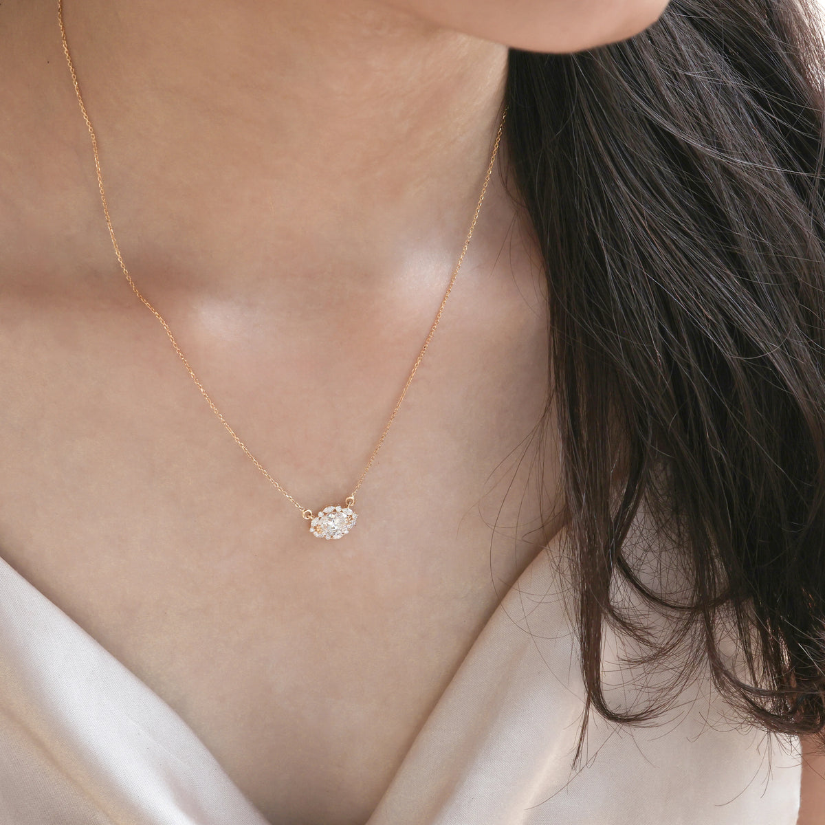 14K Yellow Gold Marquise Diamond Cluster Necklace