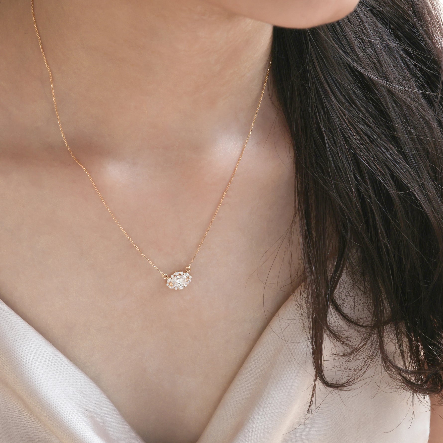 14K Yellow Gold Marquise Diamond Cluster Necklace