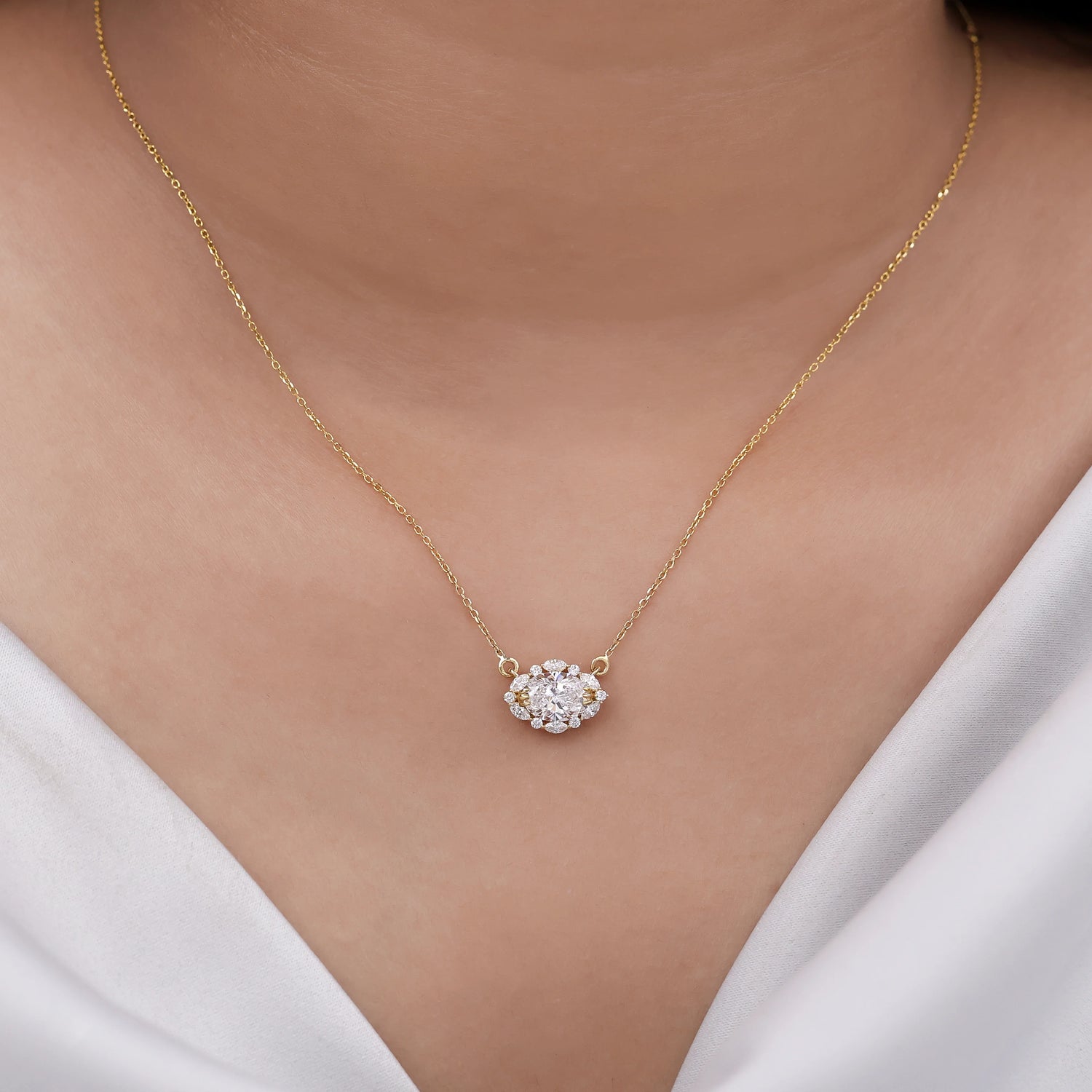 1.43 CT Oval Natural Diamond Halo Necklace