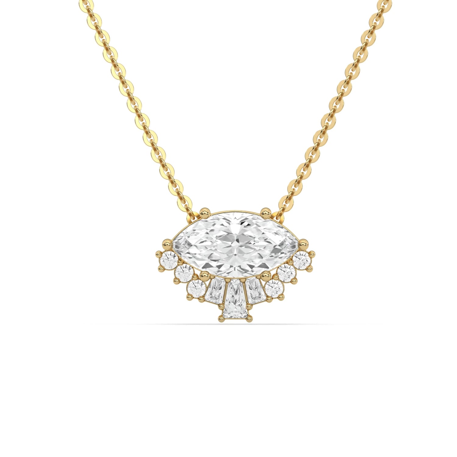 18K Yellow Gold Marquise, Baguette and Round Diamond Crown Pendant