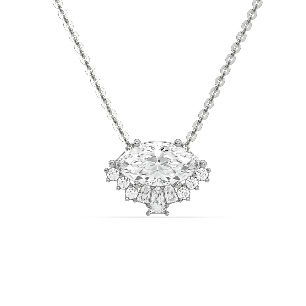 18K White Gold Marquise, Baguette and Round Diamond Crown Pendant