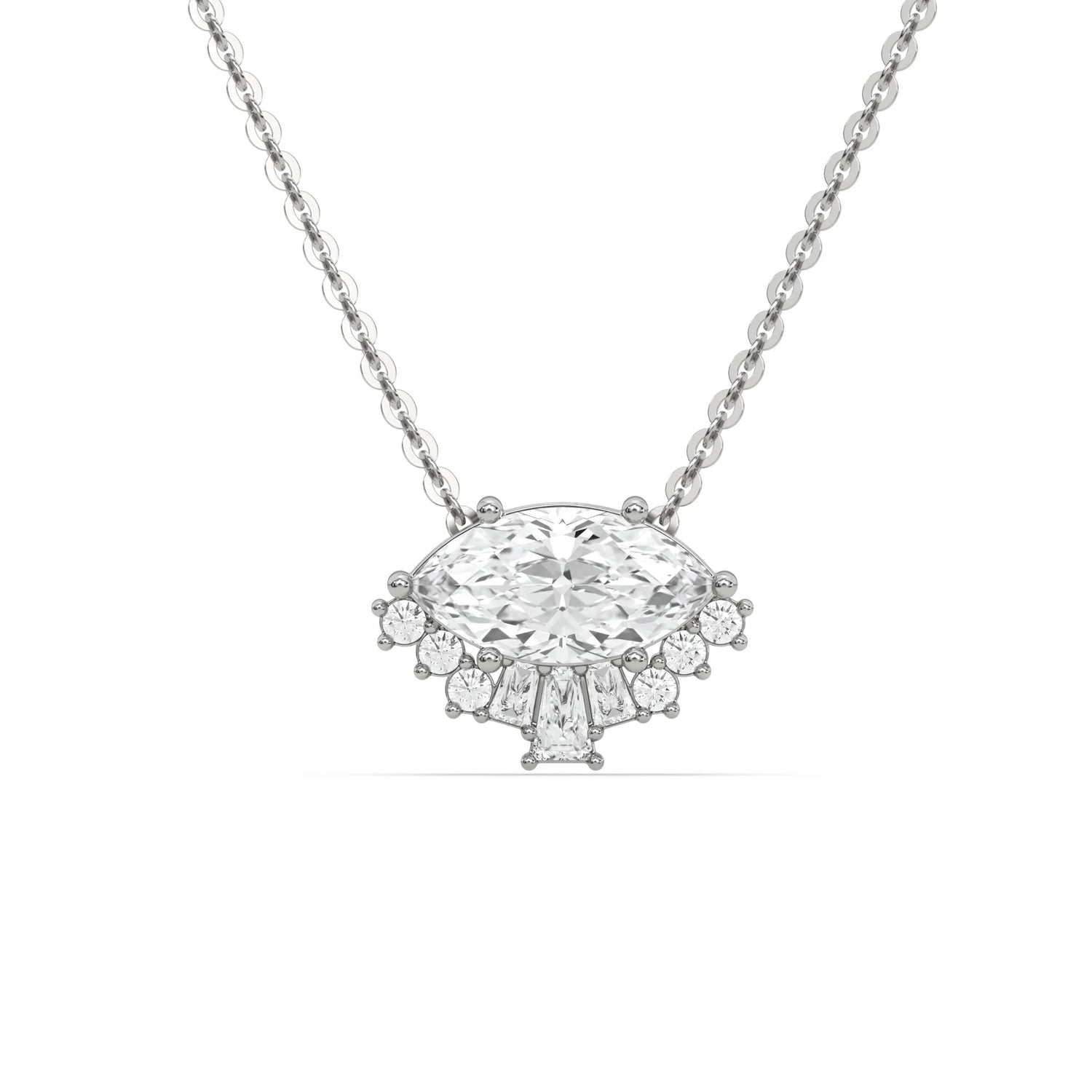 18K White Gold Marquise, Baguette and Round Diamond Crown Pendant