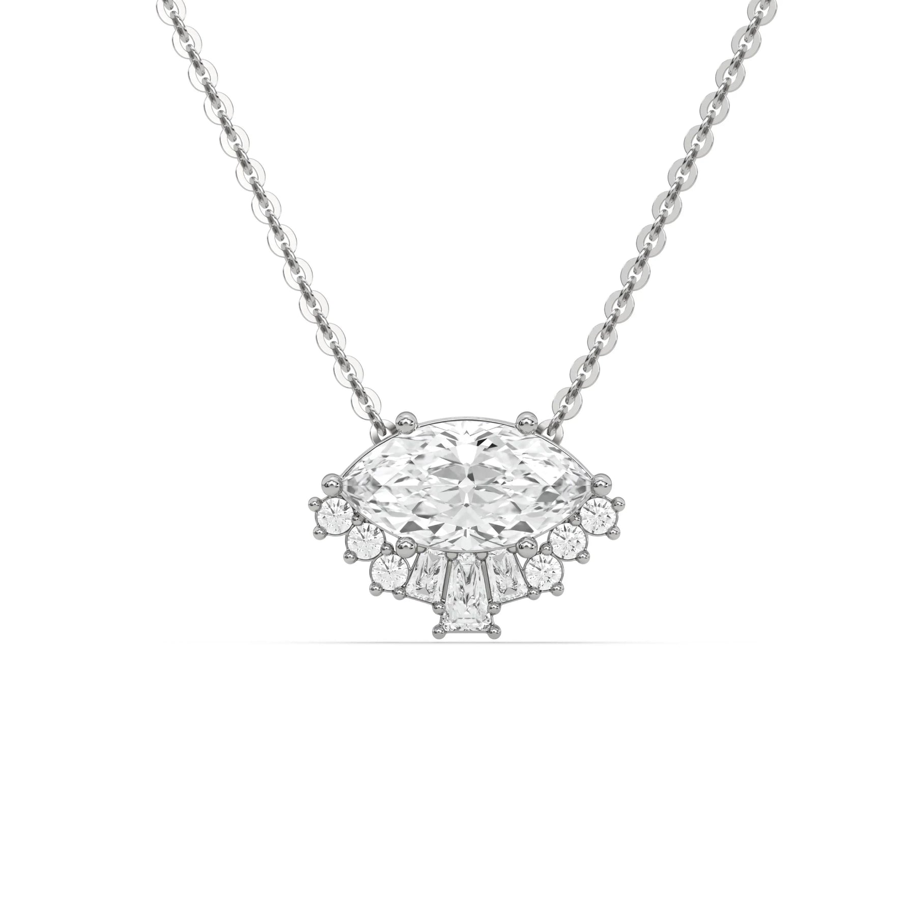 18K White Gold Marquise, Baguette and Round Diamond Crown Pendant