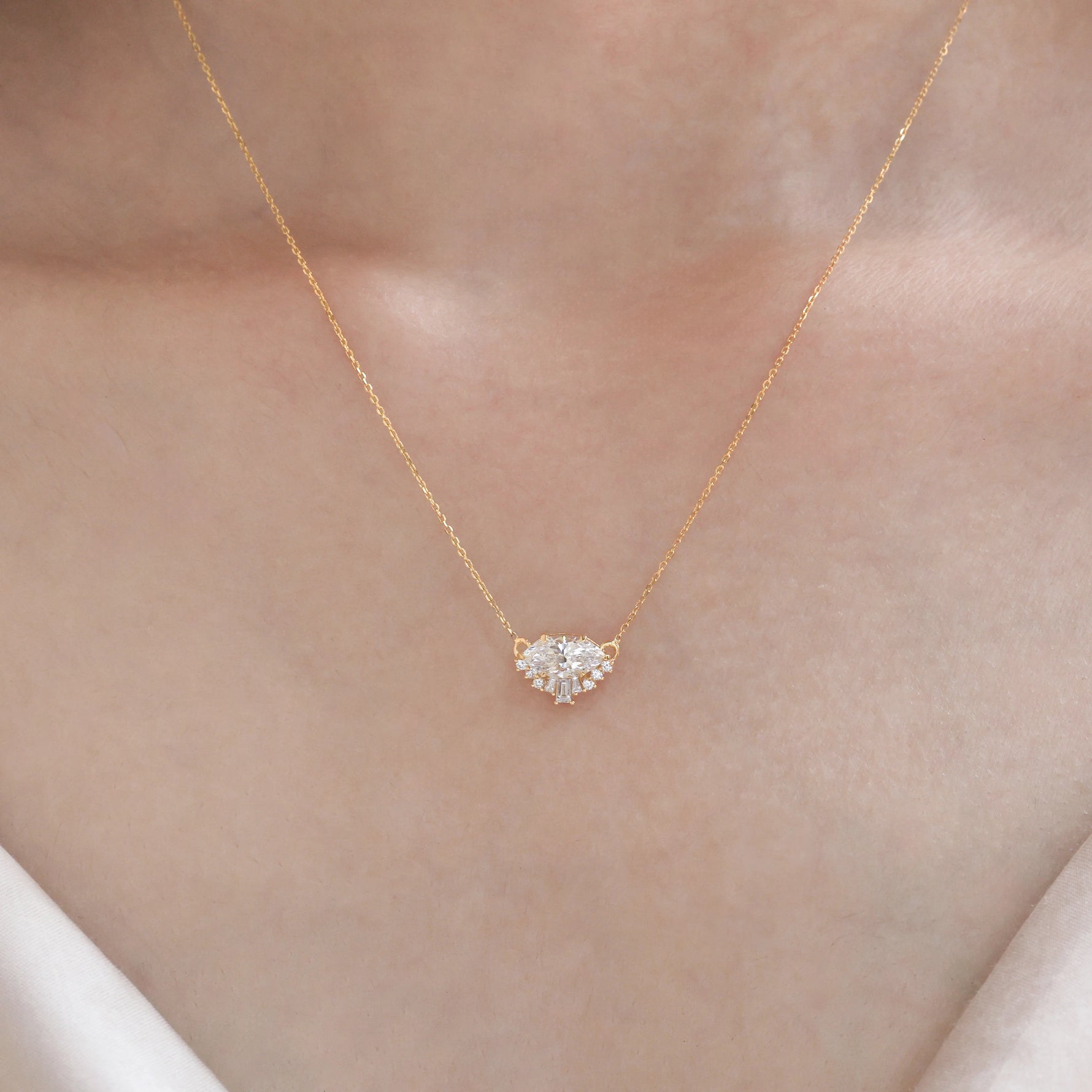 18K Yellow Gold Marquise Diamond Cluster Necklace