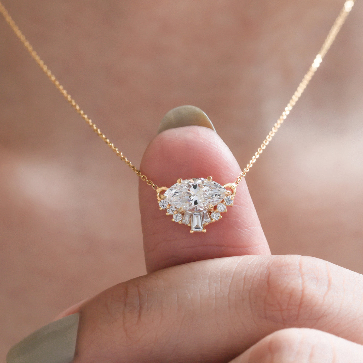 14K Yellow Gold Marquise, Baguette and Round Diamond Crown Pendant
