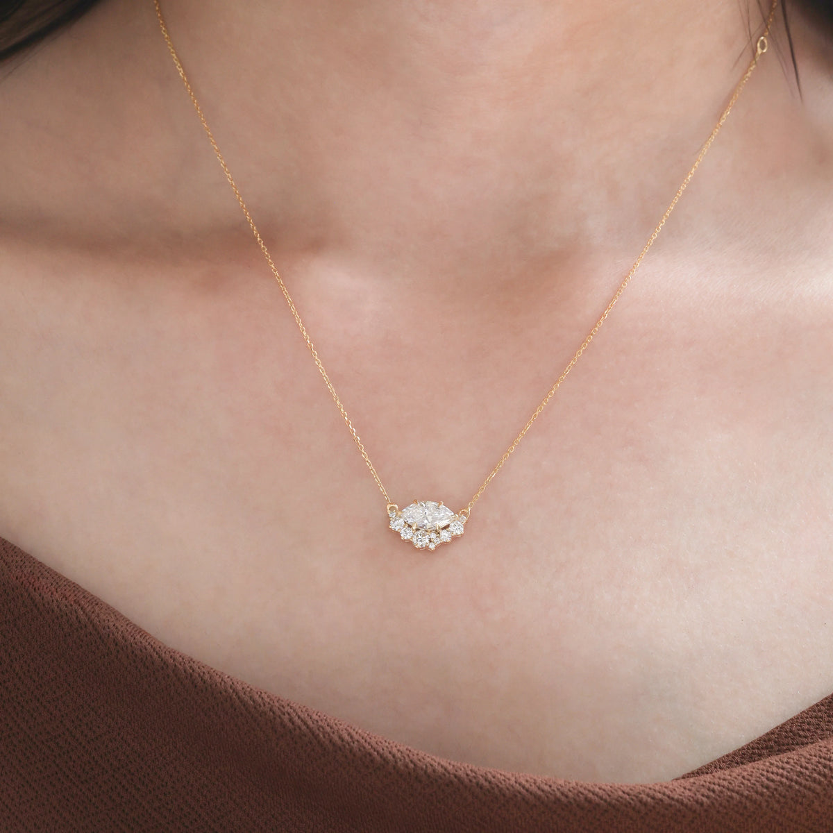 184K Yellow Gold Round and Marquise Diamond Cluster Pendant