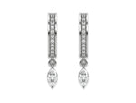 18k white gold lab grown dangling marquise diamond hoop earrings with round brilliant cut diamonds in pave setting in hoop and a marquise solitaire hanging at the bottom.