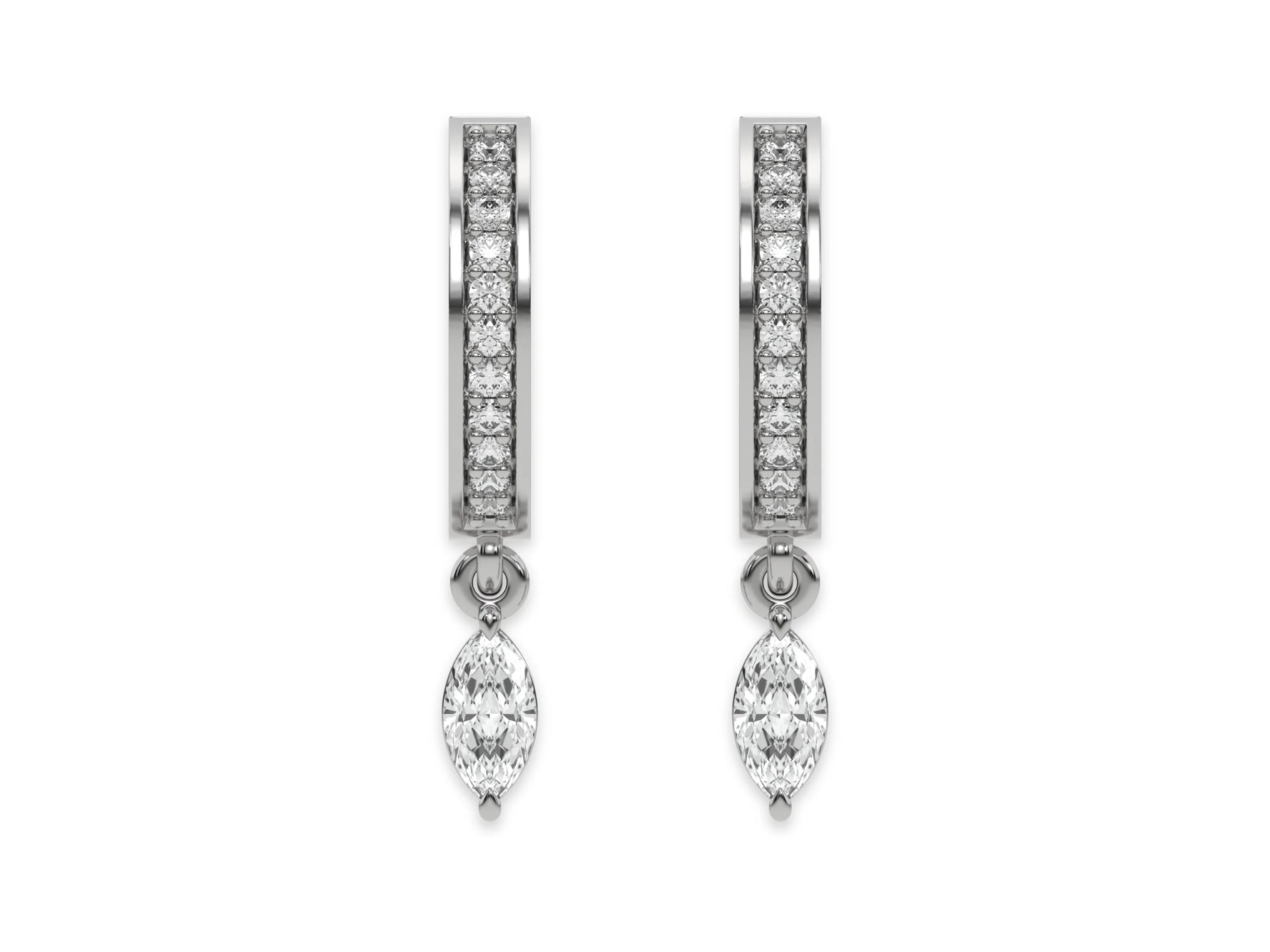 18k white gold lab grown dangling marquise diamond hoop earrings with round brilliant cut diamonds in pave setting in hoop and a marquise solitaire hanging at the bottom.