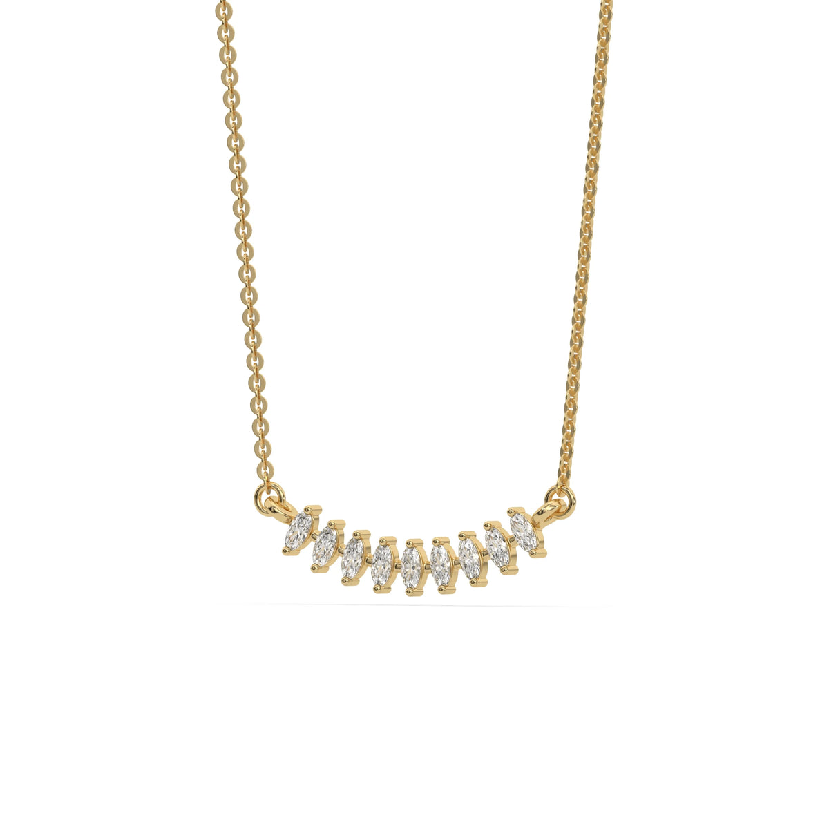 Elegant yellow gold marquise diamond necklace featuring nine prong-set diamonds along a gently curved bar.