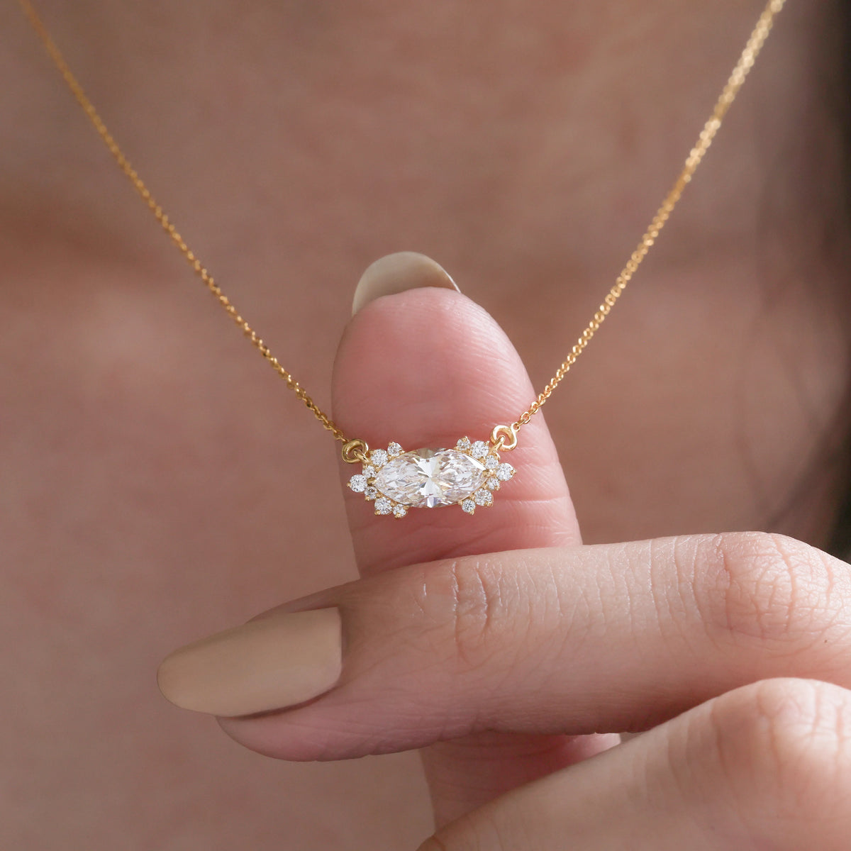 14K Yellow Marquise Diamond  Cluster Necklace